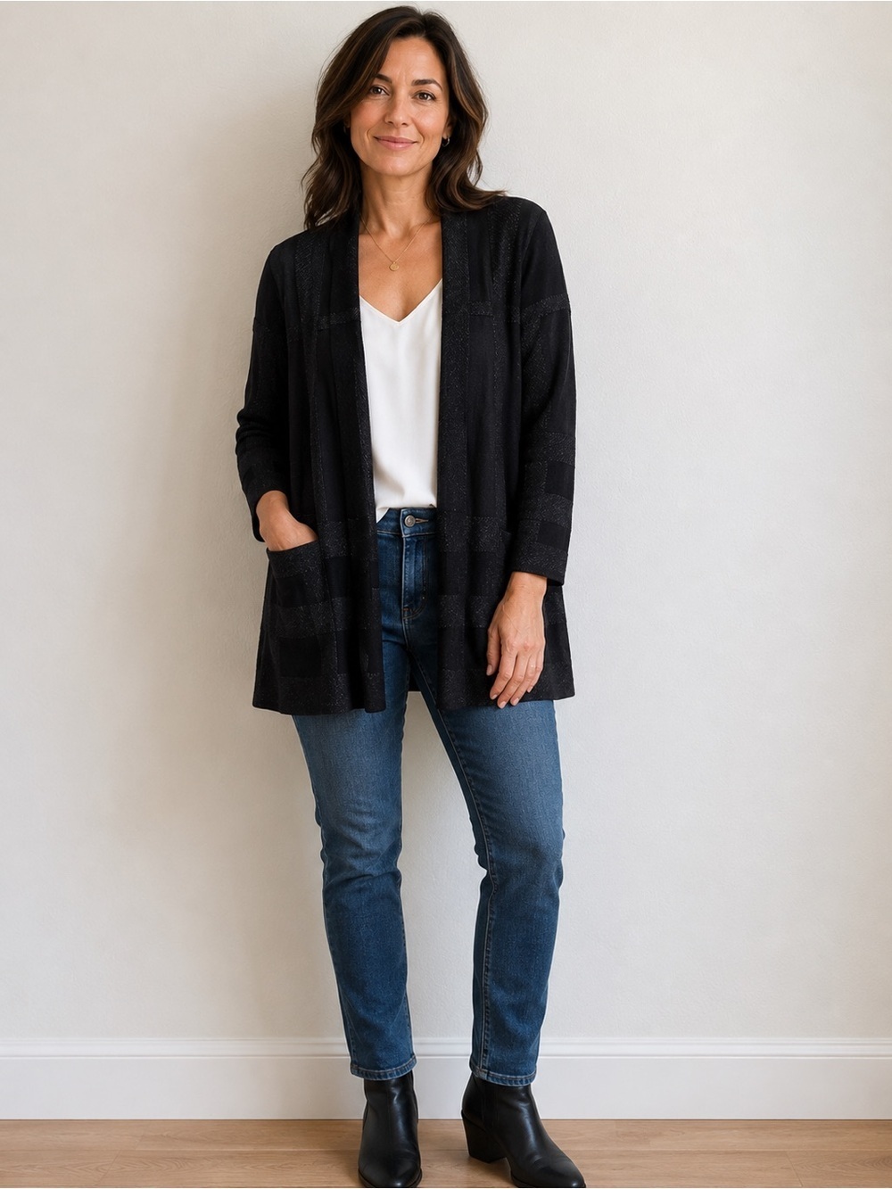 Eileen Fisher Cardigan Womenโs Small Sweater Wool Blend Open Front Window Pane V